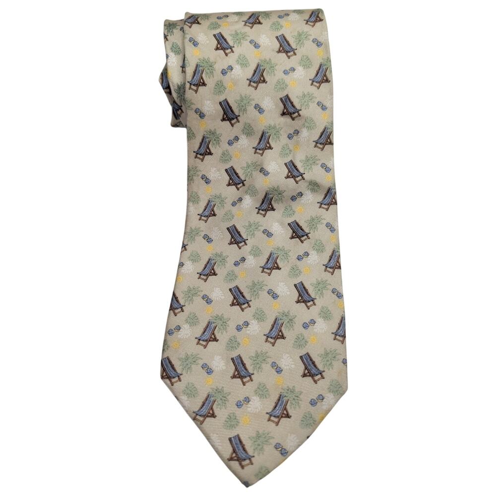 Tom James Silk Necktie Beach Deck Chairs Sea Shells Yellow Blue 60" Long USA